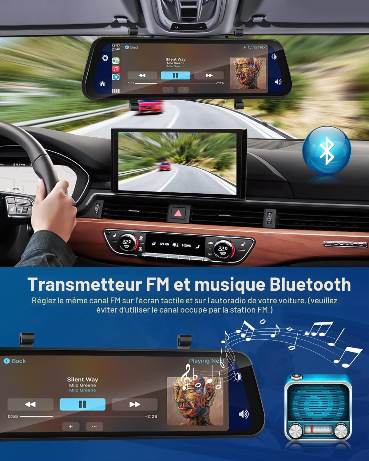 Dashcam Voiture Rétroviseur 9,66'' Carplay Android Auto | Caméra de Recul, Commande Vocale GPS Night Vision, Enregistrement Boucle Capteur G Surveillance Stationnement, SD 32G
