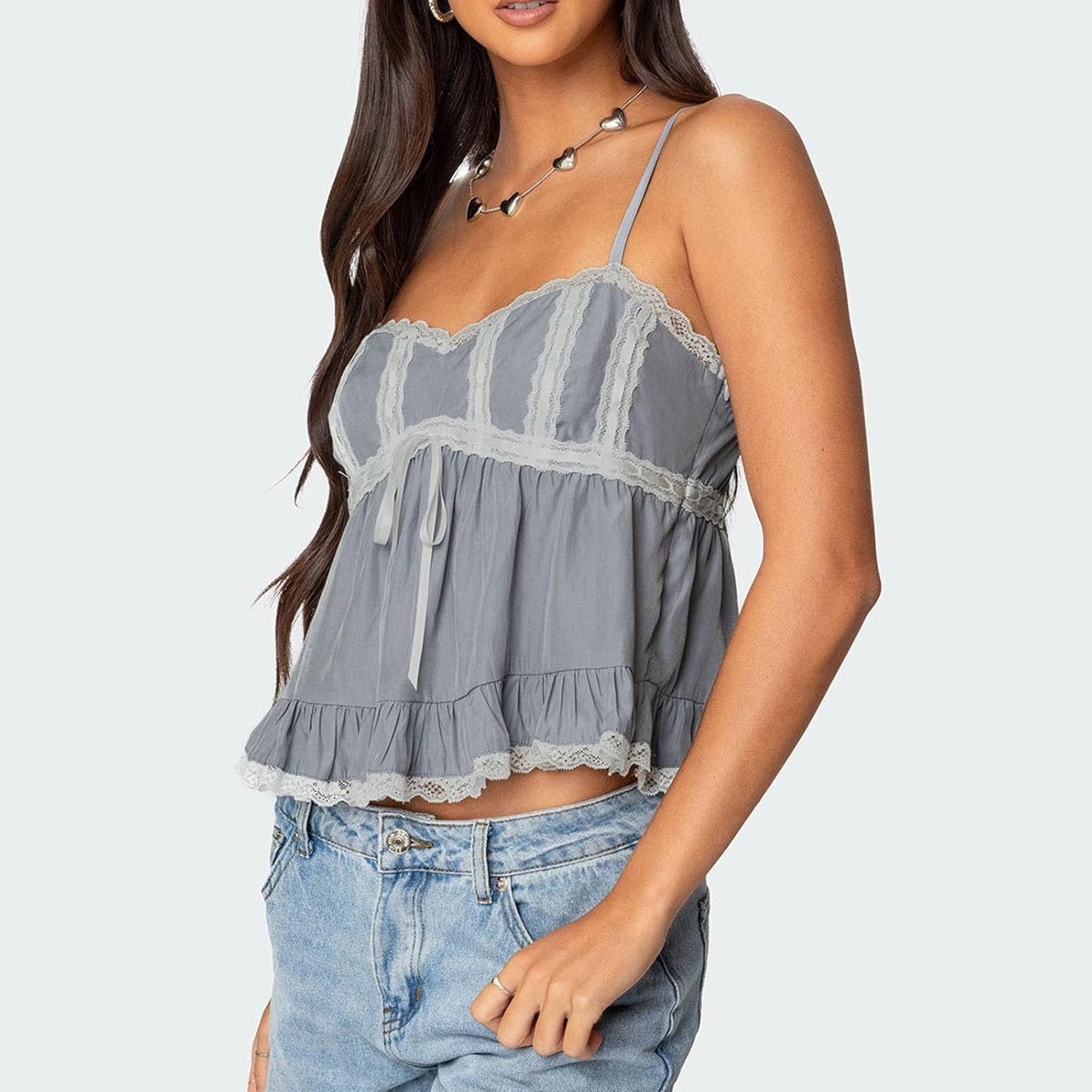 Women Y2k Lace Trim Spaghetti Strap Camisole Sleeveless V Neck Slim Fit Tie Front Backless Going Out Cami Tops - Image 3