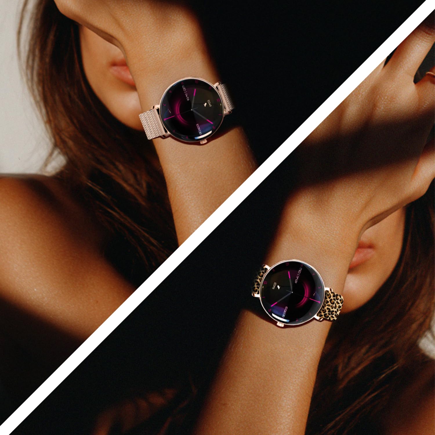 Forever Smartwatch Lucca SB-370 - Zegarek Damski z Funkcją Dzwonienia, Wodoodporny, Sportowy, Kobiecy Dodatek, Dwa Paski, Modny Wzór Panterka, Rosegold, Zegarek na Ręke