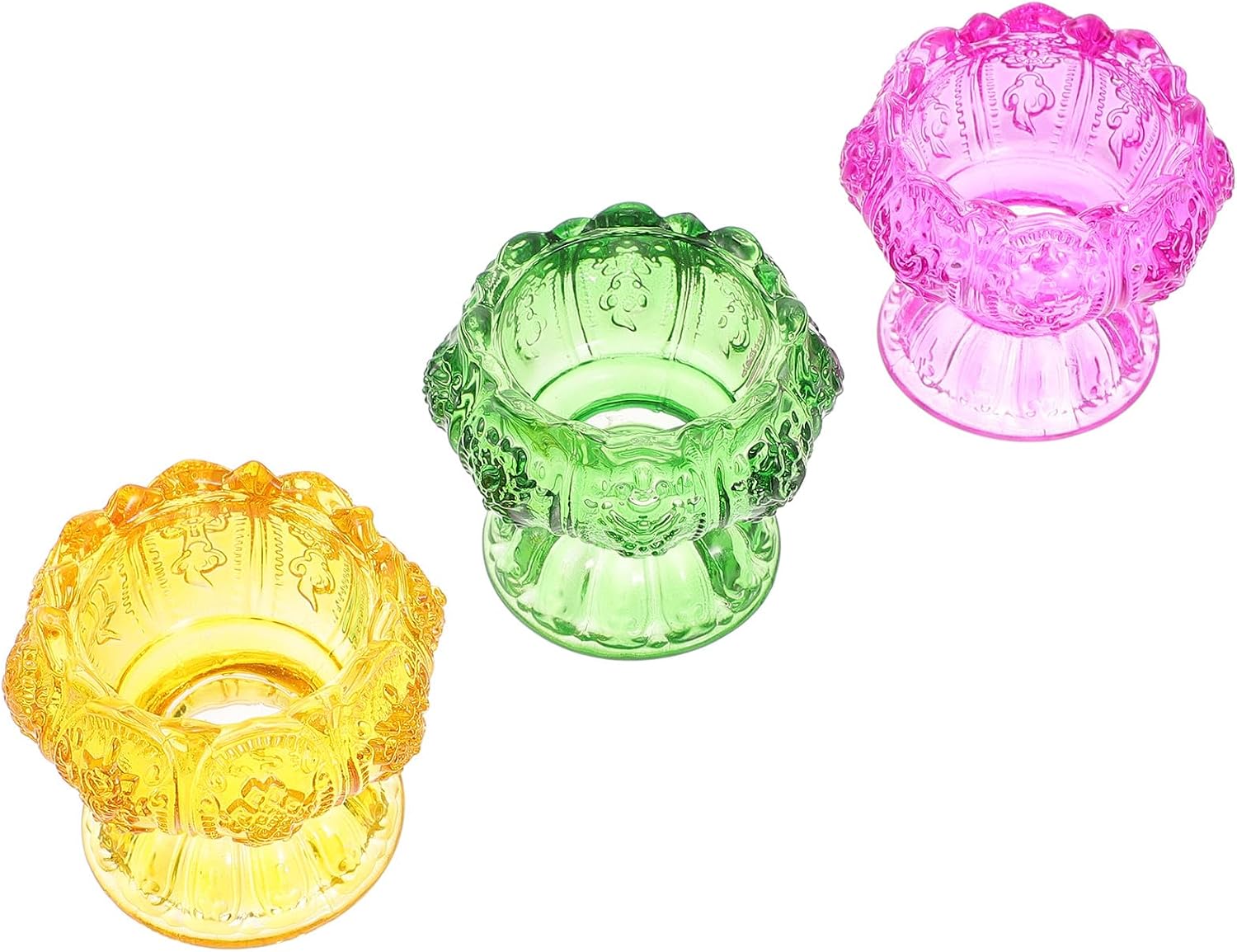 TIDTALEO Glass Butter Lamp Candleholders Set of 3 Small Colored Crystal Glass High Base Candle Holders for Religious Ceremony and Home Decor