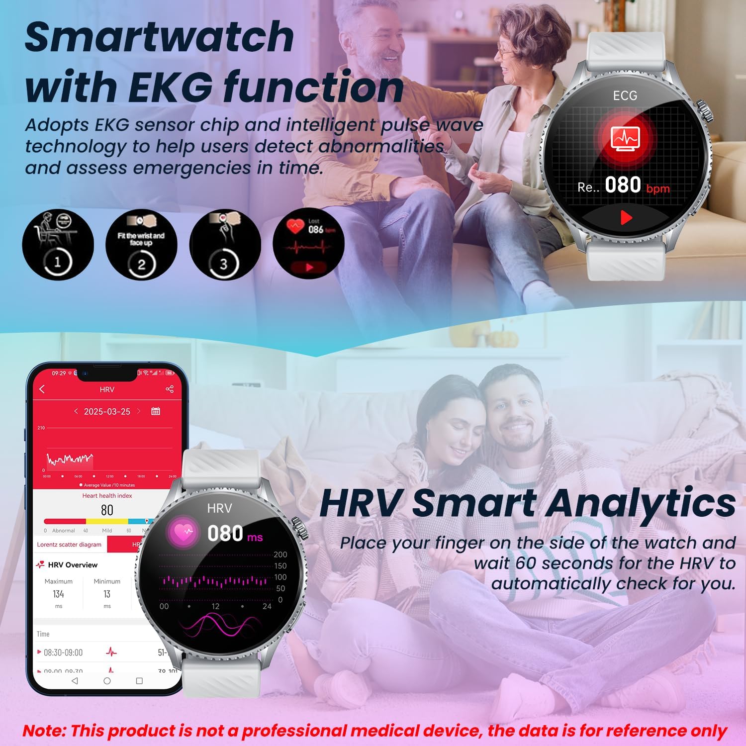 Smartwatch displaying EKG and HRV readings, with a person interacting with the watch