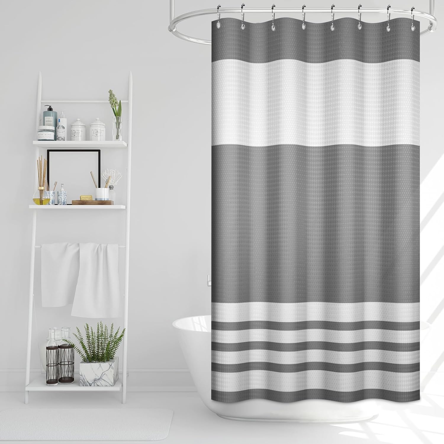 Renaiss Gray Waffle Weave Shower Curtain, Classic Striped Bathroom Shower Curtain Set with Metal Hooks, Modern Shower Curtain for Home Hotel Bathroom, 72W x 74L inches