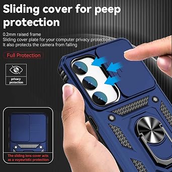 for Samsung Galaxy S23 Case with Slide Camera Cover HD Screen Protector [15ft Military Grade Drop Tested] Magnetic Ring Holder Kickstand Protective Phone Case for Galaxy S23 2023 (6.1 inch), Navy Blue