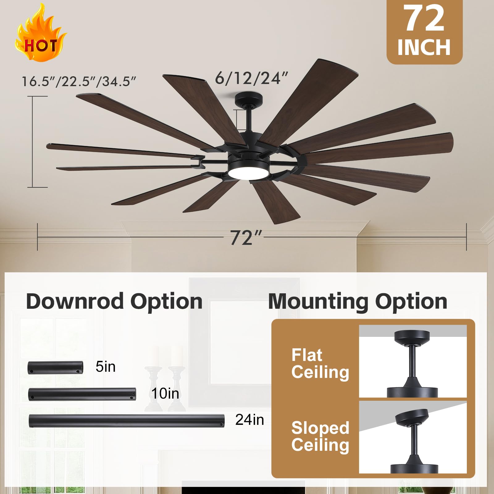 72 Farmhouse Ceiling Fan with Lights 12 Dual-Finish Wind Mill Blades 3 Downrods 6-Speed Reversible DC Motor High — view 2