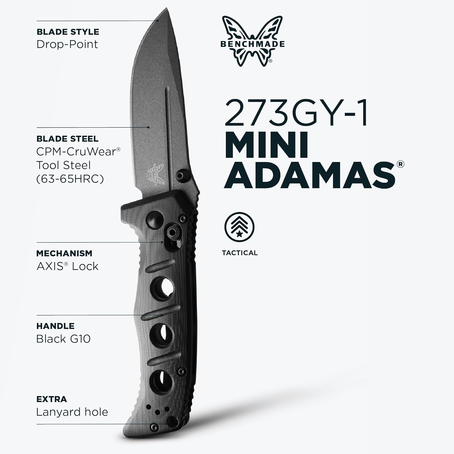 Benchmade - Mini Adamas Tactical Knife, Plain Edge, Drop-Point Blade with Black G10 Handle (273GY-1)