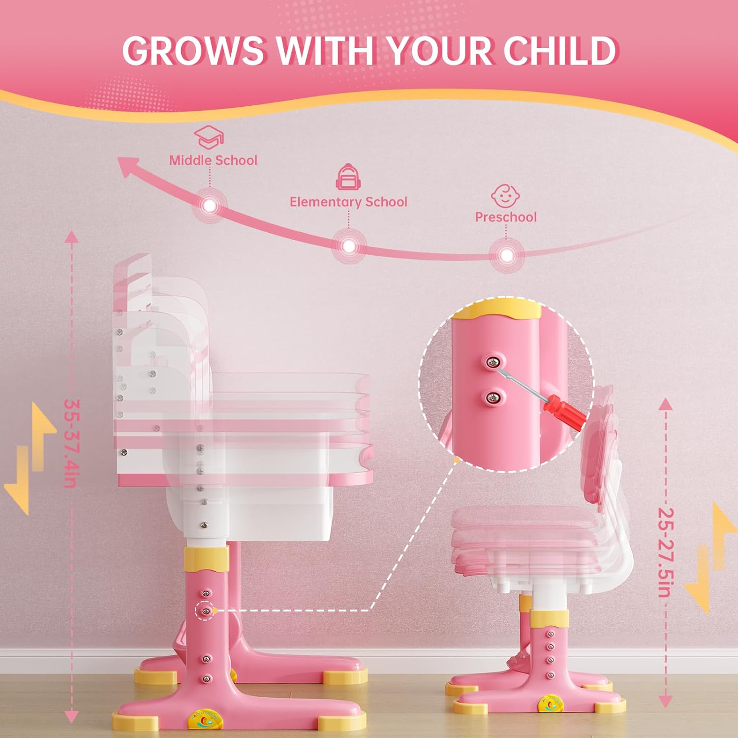 Kids Desk and Chair Set, Height Adjustable Child's School Study Writing Tables, Kids Desk with Bookstand and Storage Drawer, Widened Desktop with Desktop for Boys and Girls