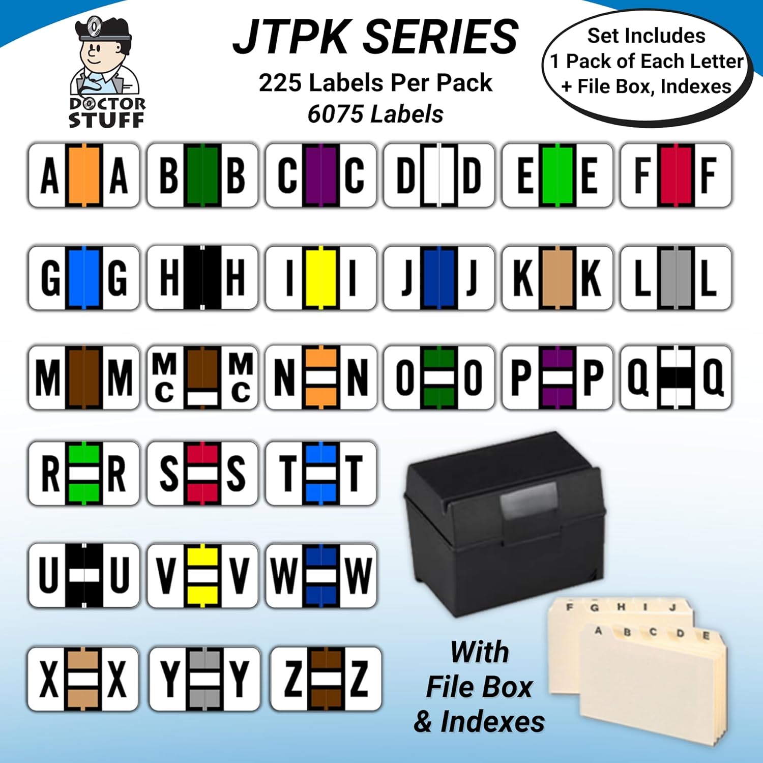Alphabet Labels for File Folders, A to Z Plus Mc Complete Set with File Box and Indexes, Doctor Stuff, 225 Stickers of Each Letter, 6075 Labels, Jeter 7100 - JTAM Series Compatible Alpha Stickers