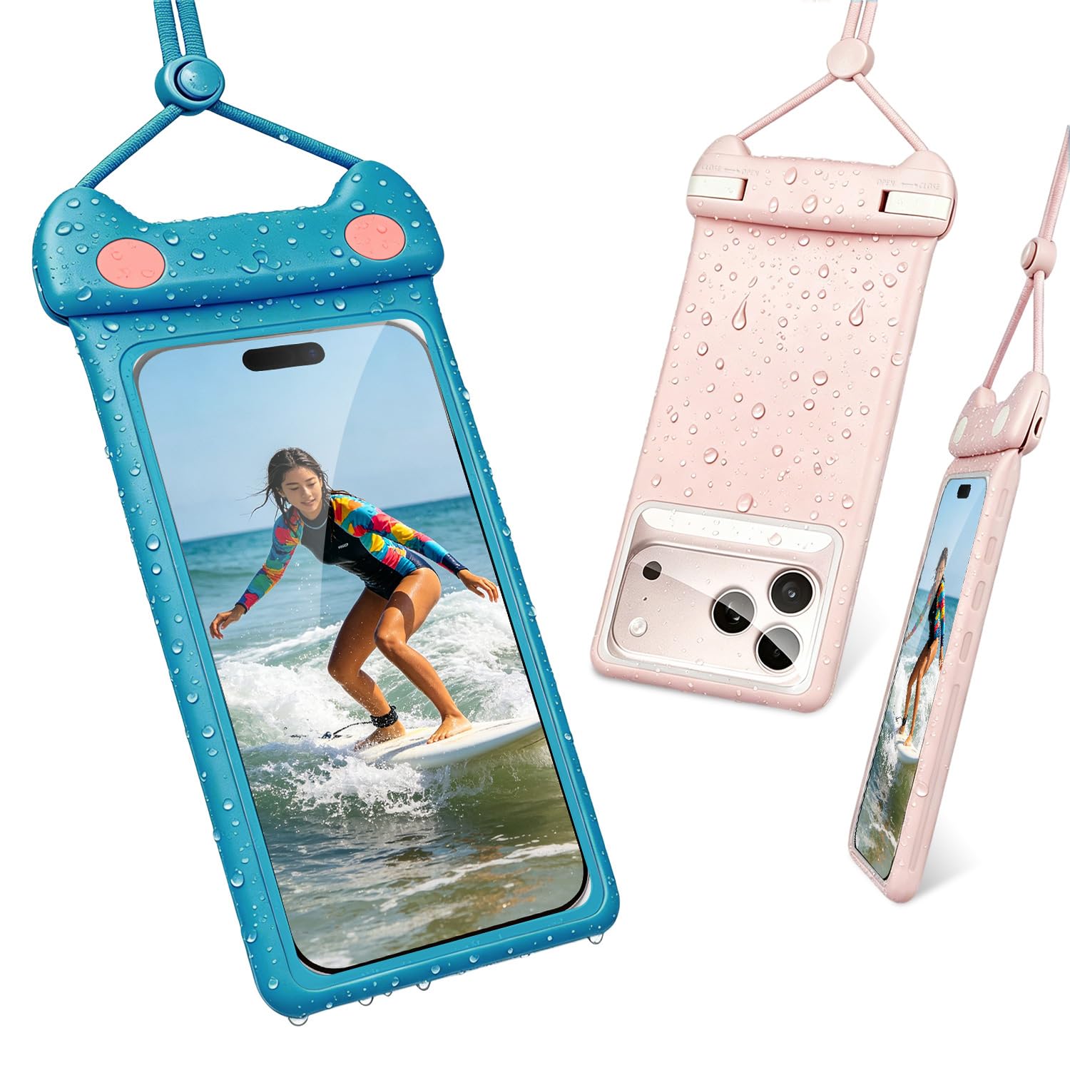 wellhouse Waterproof Phone Pouch, Waterproof Phone Case for iPhone 17 16 15 14 13 Pro Max XS Samsung, IPX8 3D Cellphone Dry Bag Beach Essentials (2 Pack - Meow Pink &amp; Blue7.0, 7 inch)