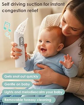 Nasal Aspirator for Baby, Baby Nose Sucker with 3 Suction Level, Tiny Marvels Electric Nose Cleaner for Congestion & Allergy Relief, 3 Silicone Tips, Music Light Soothing, USB