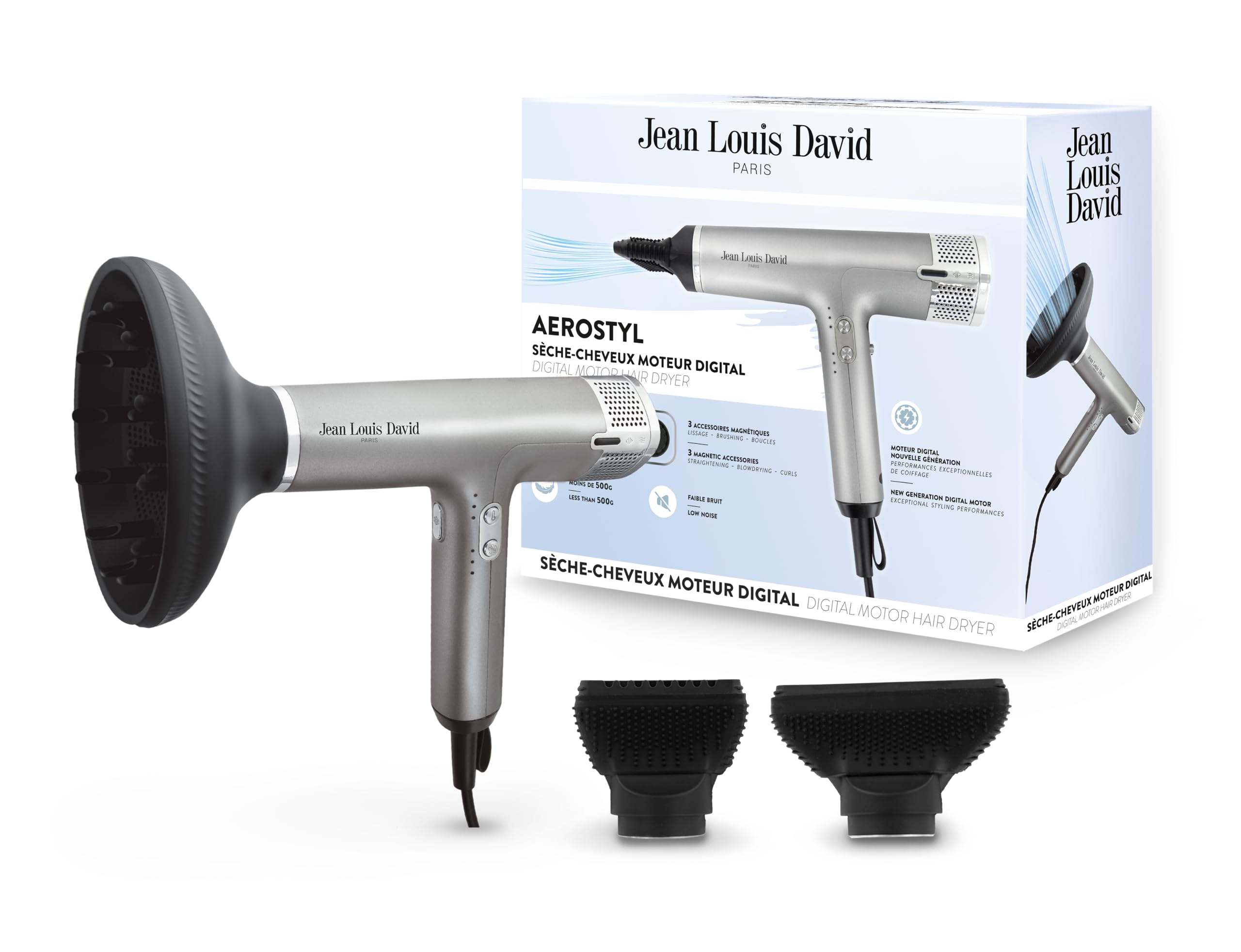 Jean-Louis David - Sèche Cheveux Nouvelle Génération - Moteur Digital BLDC Ultra Compact - 3 Accessoires Magnétiques - Lissage Brushing Boucles - Coiffure Professionnelle - Séchage Optimal