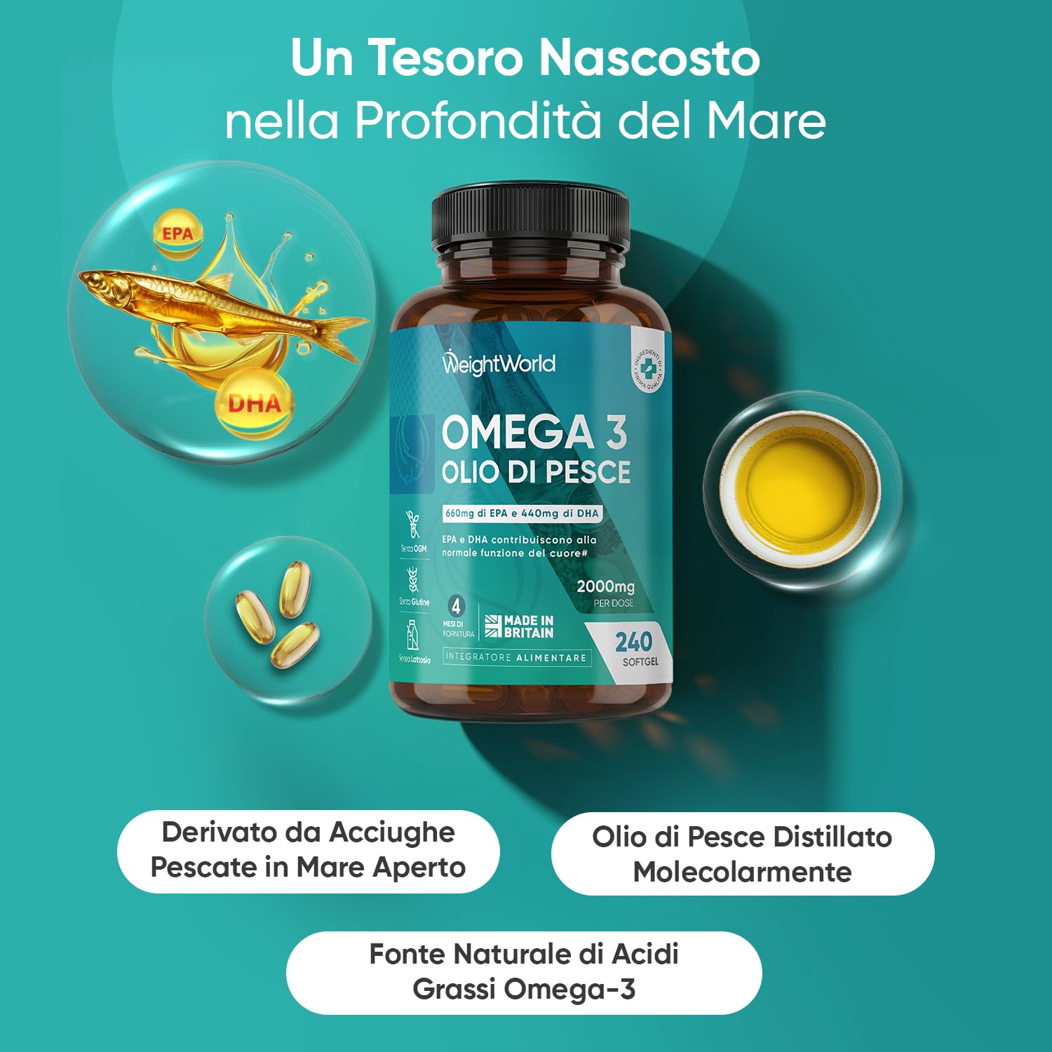 Creatina Monoidrata, BCAA 2:1:1, Omega 3 Olio di Pesce, Bundle, 240 Softgel + 270 Compresse + 180 Compresse, Omega 3 2000mg con EPA e DHA, Creatina Monoidrato 3000mg, Aminoacidi Ramificati 2000mg