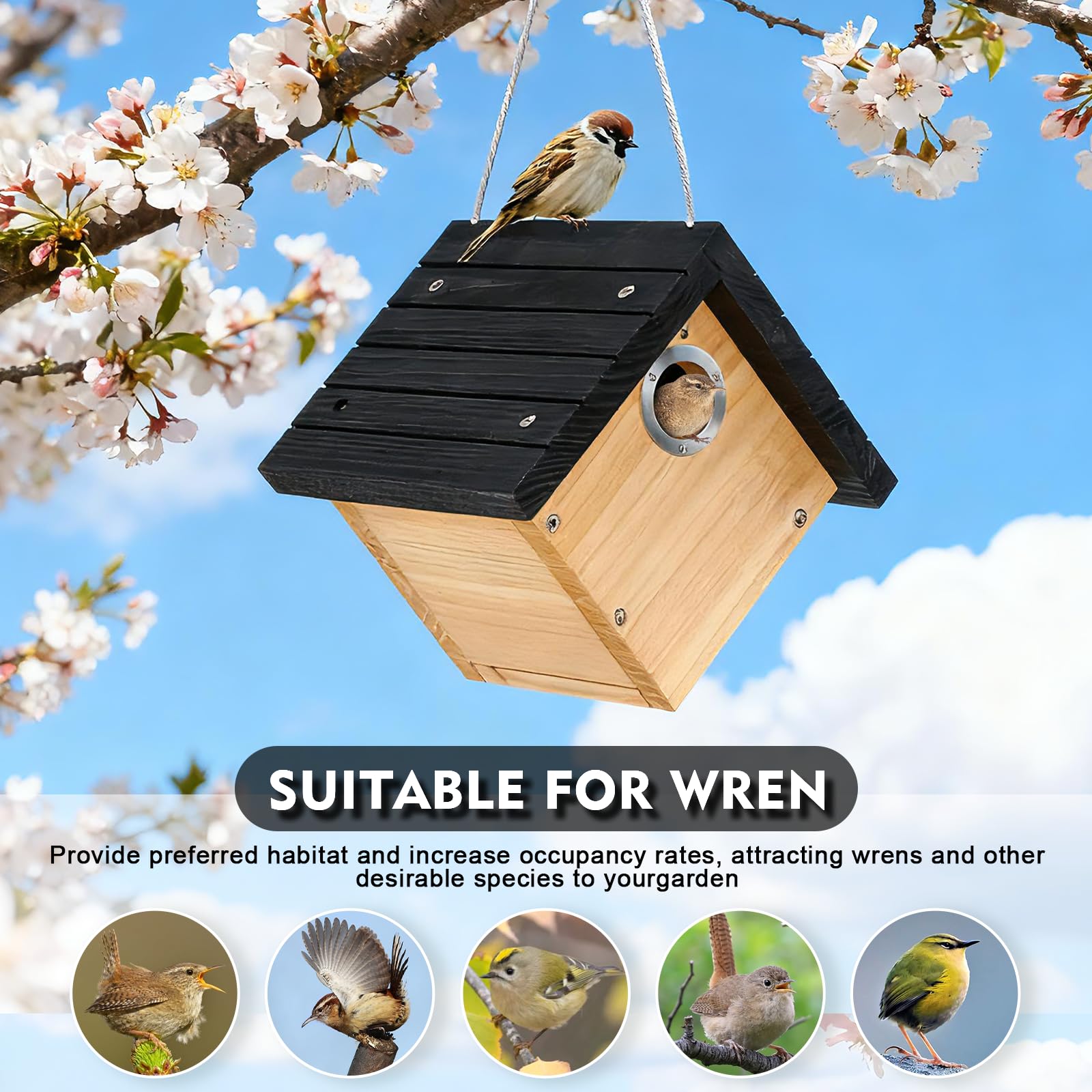Gtongoko Casa de pájaros de madera para exteriores, casa colgante de cedro para exteriores, nido de pájaros con rejillas de ventilación, puerta limpia para observación de aves silvestres, 1 paquete,