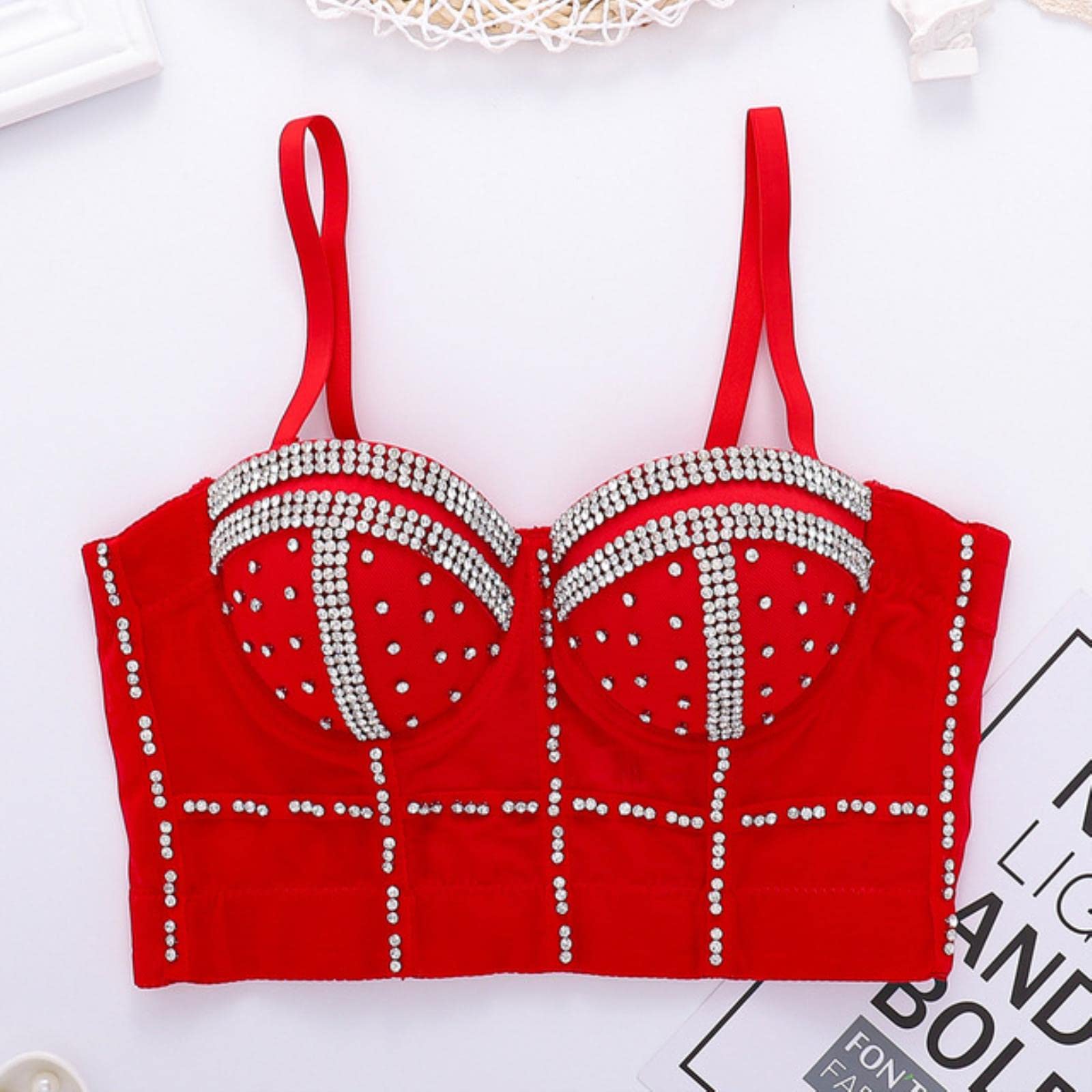 YOND Primavera Verano Tops de Mujer Diamantes de Lentejuelas Fiesta Tank Top Shaper Wedding Bra Ropa de Mujer y2k Chaleco Damas Corsé-20-rojo, CN S-34