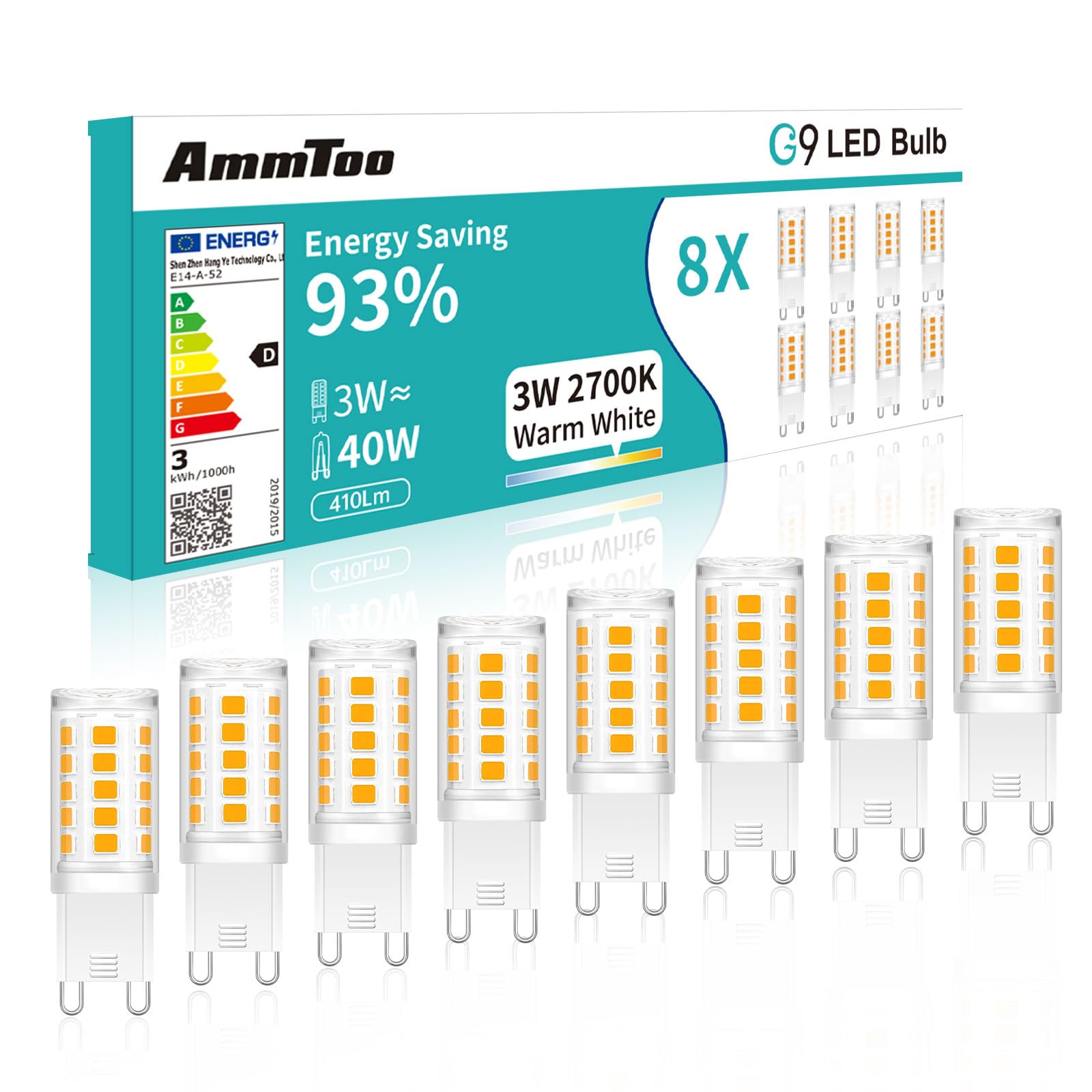AmmToo G9 LED Bulb 3W Equivalent 40W 410LM Warm White 2700K CRI >85 360° Angle Ceramic Base 35000H 90% Saving 90% for Chandelier, Wall Light, Ceiling Light