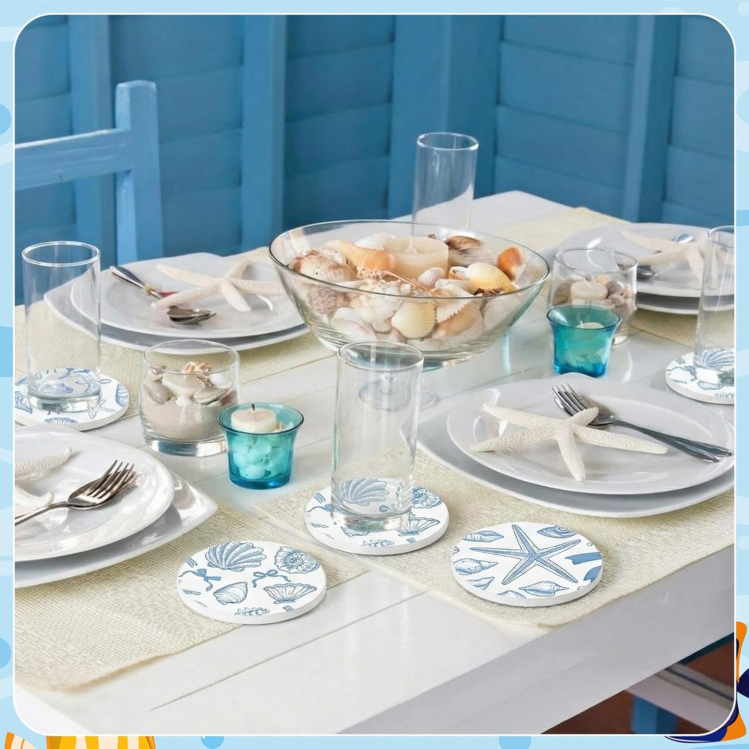 AceOrbit Set of 6 Coastal Seashell Coasters for Drinks, 4 Inch Blue Nautical Beach Ocean Themed Ceramic Cork Base Absorbent Drink Coasters with Holder for Kitchen Bar Decor Gift