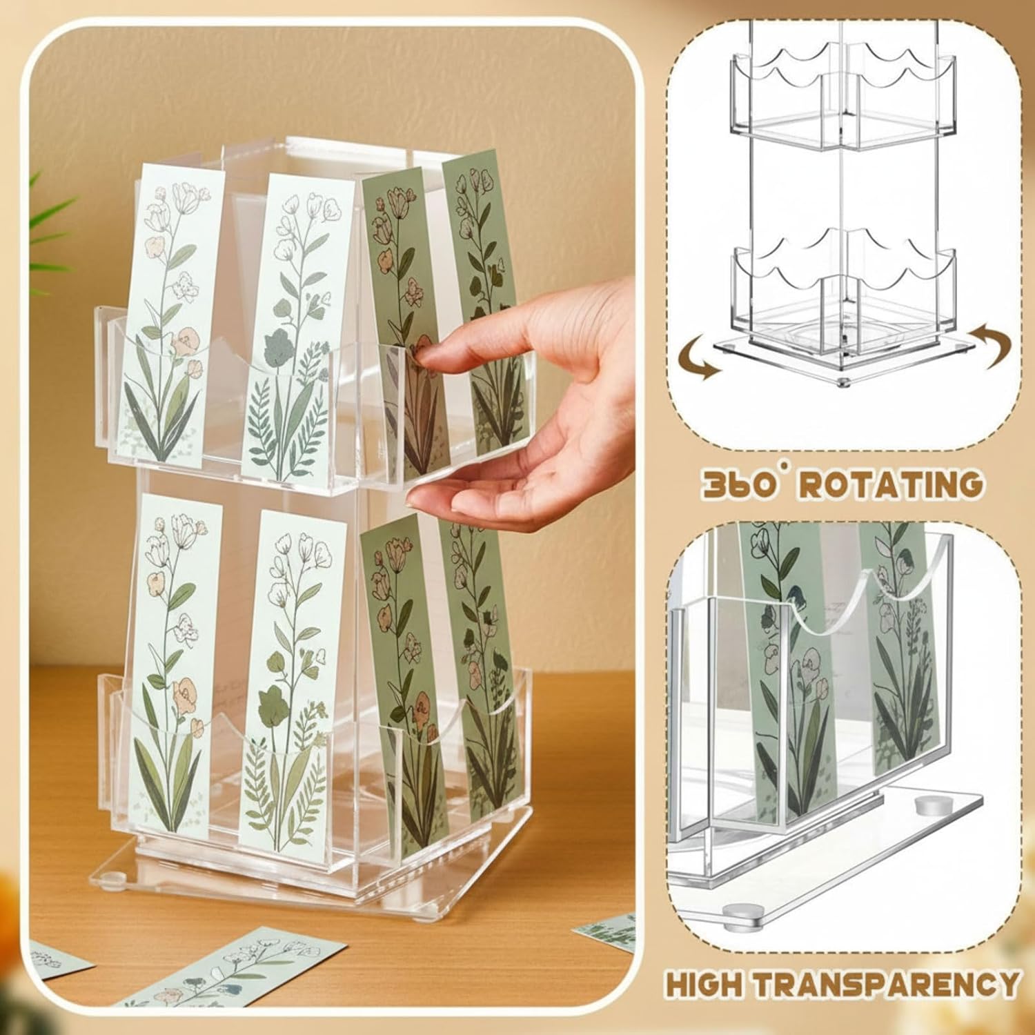 Marsui 2 Tier Acrylic Rotating Bookmark Display Stand, 14.6 x 5.9 x 5.9 Inch 4 Sided Bookmark Sticker Holder, 360° Rotating No Assembly Required for Vendors, Retail, Showcase, Trade Show