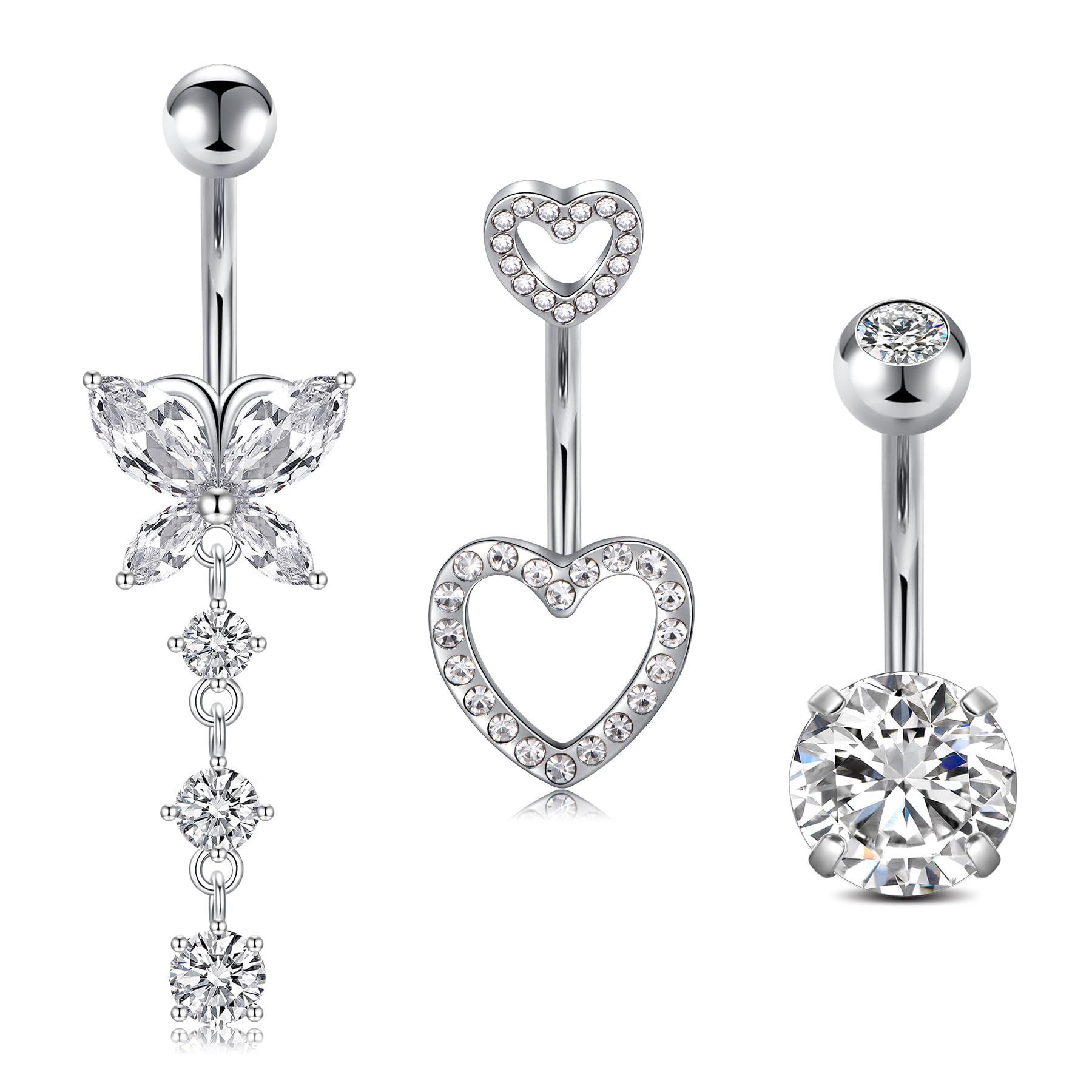 NIUSIMAN 3 piezas Piercing ombligo,14G ombligo Piercing de acero quirúrgico de plata oro CZ corazón mariposa ombligo joyería bola de cristal ombligo Piercing largo Barbell Set para Mujeres
