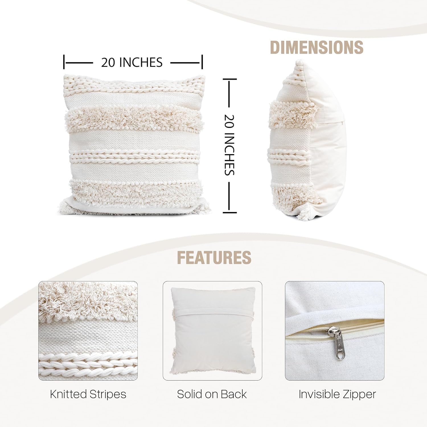 Cream Beige Boho Decor Throw Pillow Cover 20x20 - Textured Woven Handmade Decorative Pillow Case for Living Room Decor, Couch, Bedroom, Office (Pack of 1)