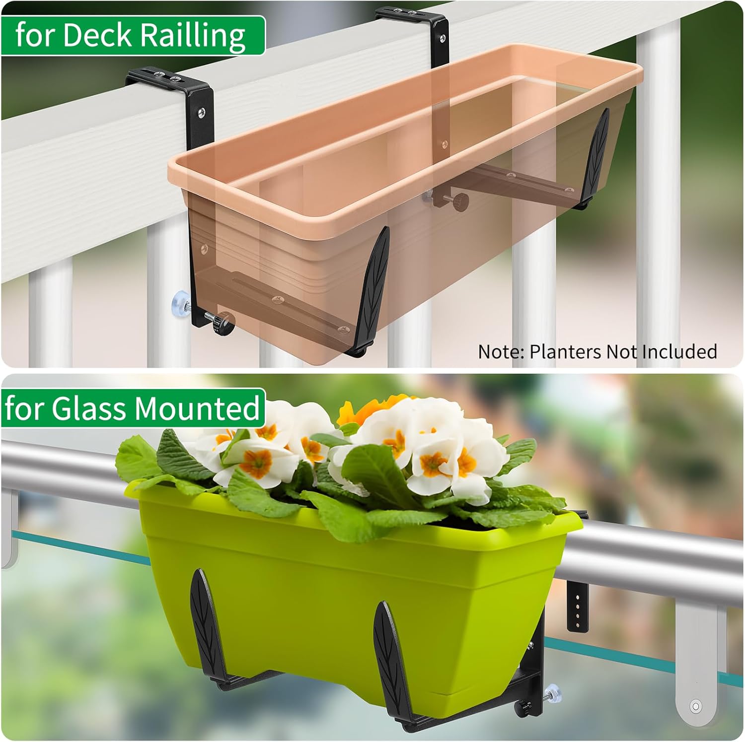 Window Box Brackets, Adjustable Planter Box Brackets, Heavy Duty Iron Flower Box Bracket for Deck Railing with Upgraded Bottom Support - Ideal for Balconies, Fences, and Gardens (4 Pack)