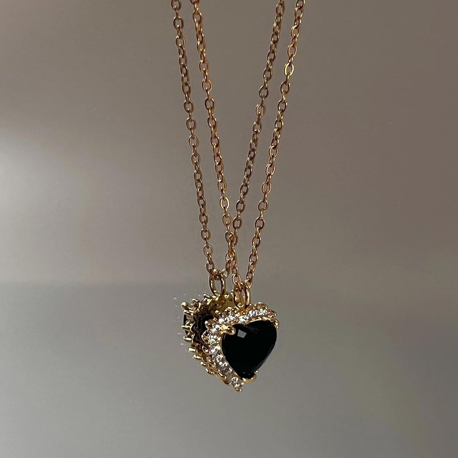 18K Yellow Gold Plated Stainless Steel Heart Shape Black Zircon Pendant Necklace for Women - Non Tarnish, Hypoallergenic, Valentine’s Gift, 18 in