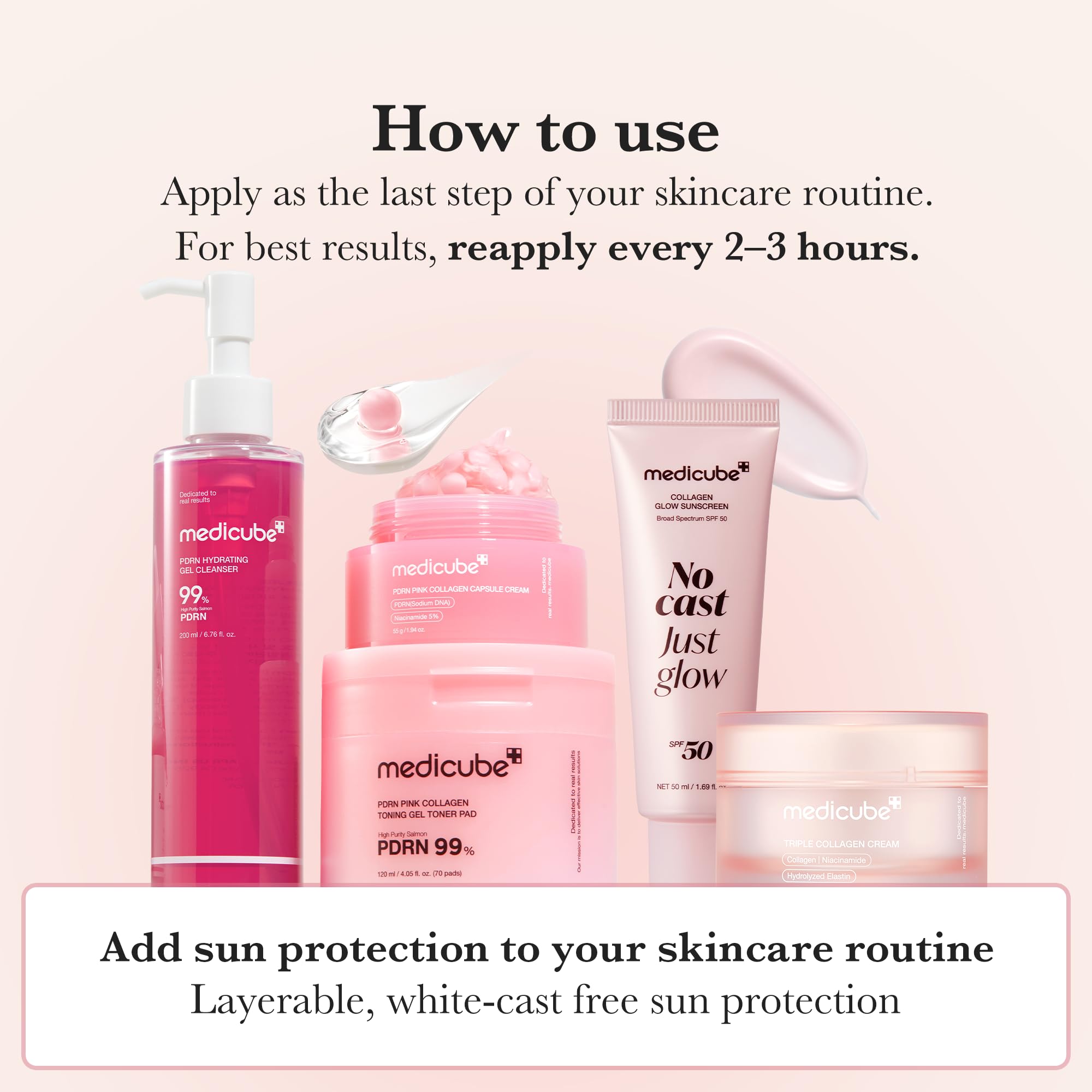 medicube No Cast Just Glow Collagen Sunscreen | SPF 50 Broad Spectrum Face Sunscreen | Lightweight, Non-Sticky, Hydrating Formula | No White Cast or Residue | Peptide, Cica for Soothing & Natural Glow