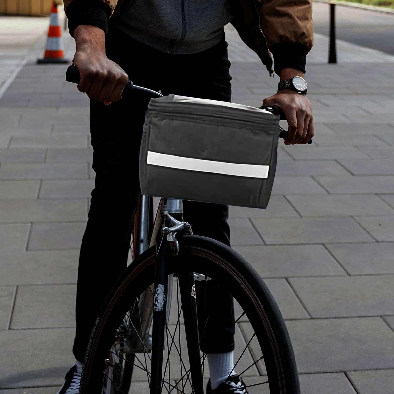 Borsa da manubrio per bicicletta, borsa anteriore per bicicletta, con strisce riflettenti, borsa per telaio della bici, borsa portaoggetti professionale, accessori per bici (nero)