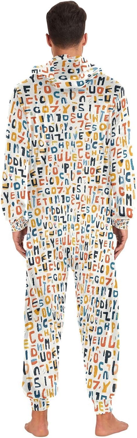 ALAZA Color Alphabet Adult Onesie Unisex Pajamas One-Piece Costume Hooded Jumpsuit Sleepwear for Men Women