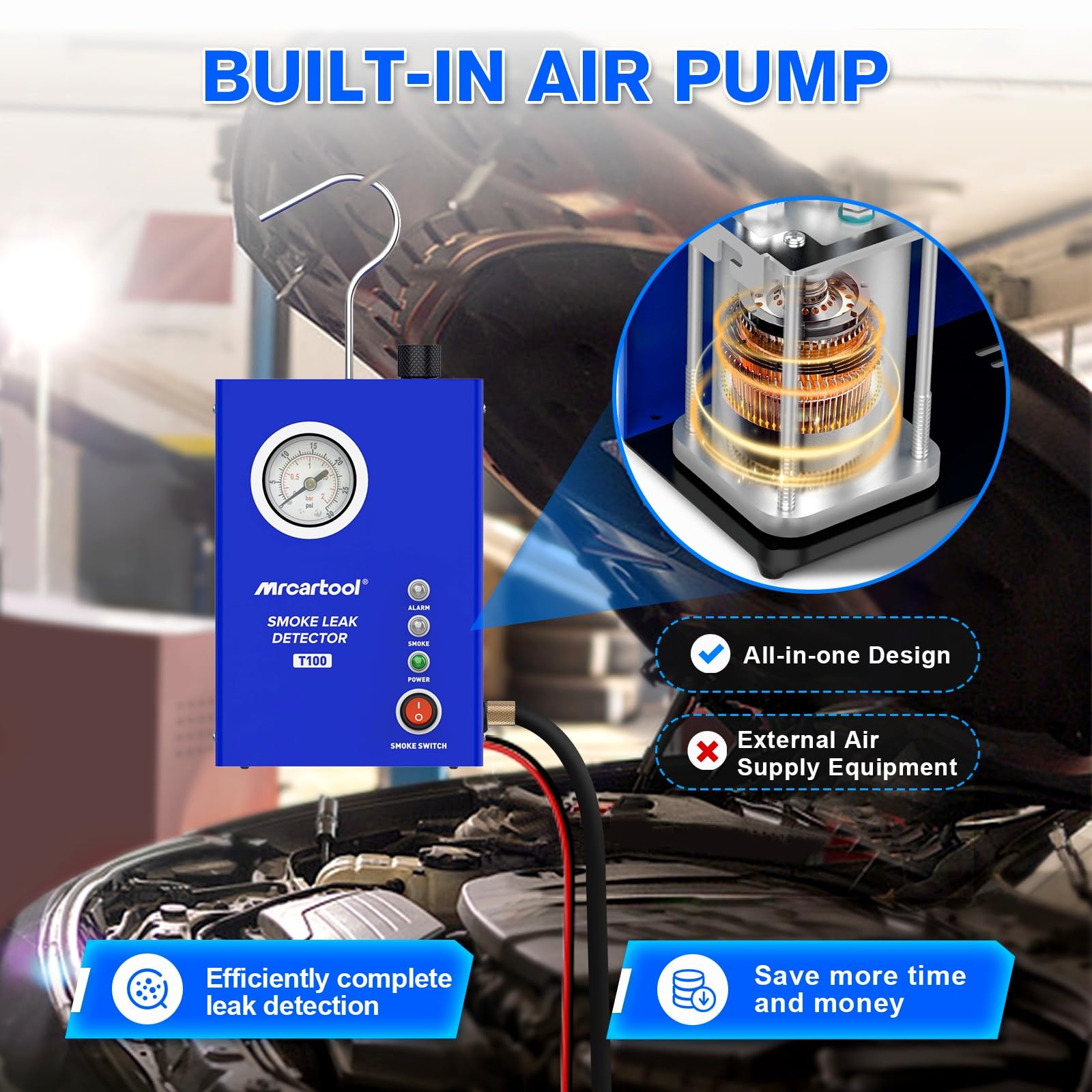 Detector de Fugas por Humo MR CARTOOL T100 - Probador de Fugas de Humo para EVAP Automotriz con Bomba de Aire y Manómetro Incorporados los Vehículos de 12V CC
