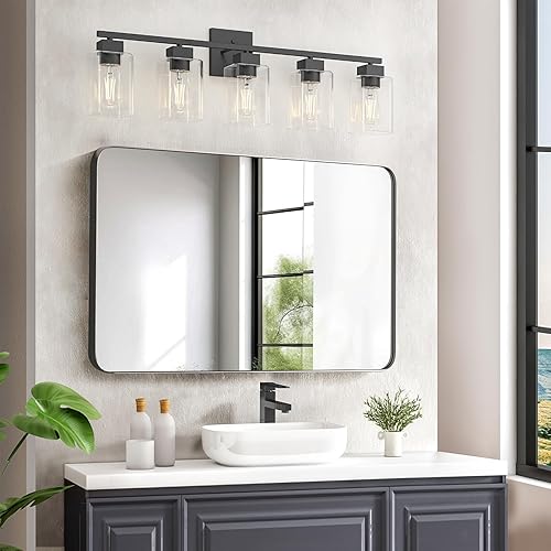 Miniatura 7 de Espird Lámpara de tocador de baño de 5 luces, color negro mate, diseño cuadrado y certificación UL, accesorios de iluminación negros de 31 pulgadas