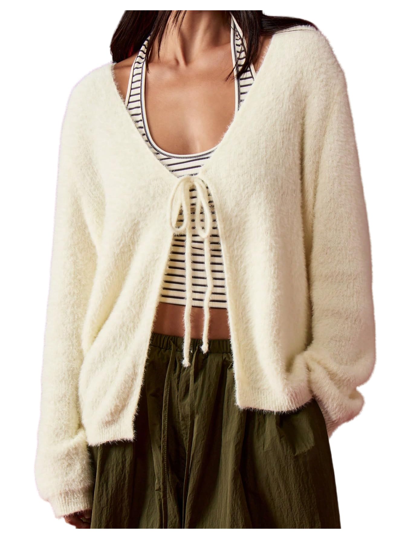 WDIRARA Womens Tie Front Fuzzy Cardigan Sweaters V Neck Long Sleeve Cozy Furry Knit Outerwear