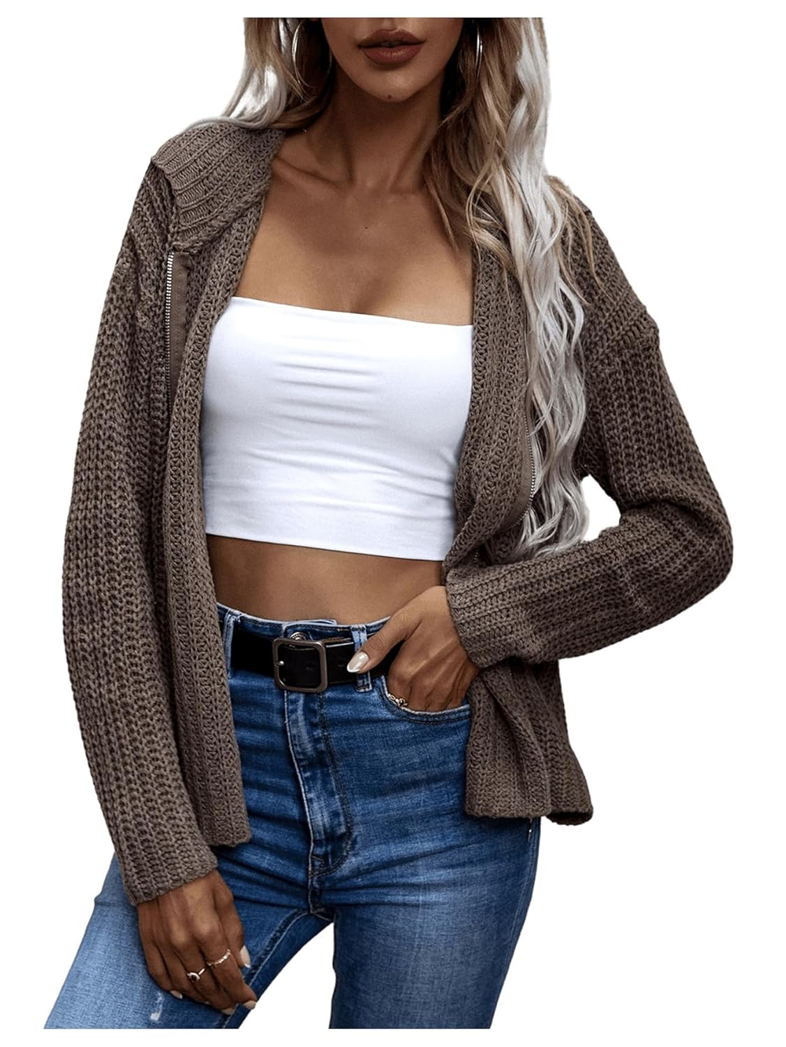 SHENHE Womens Knitted Zip Up Sweater Long Sleeve Casual Hooded Cardigan Outerwear