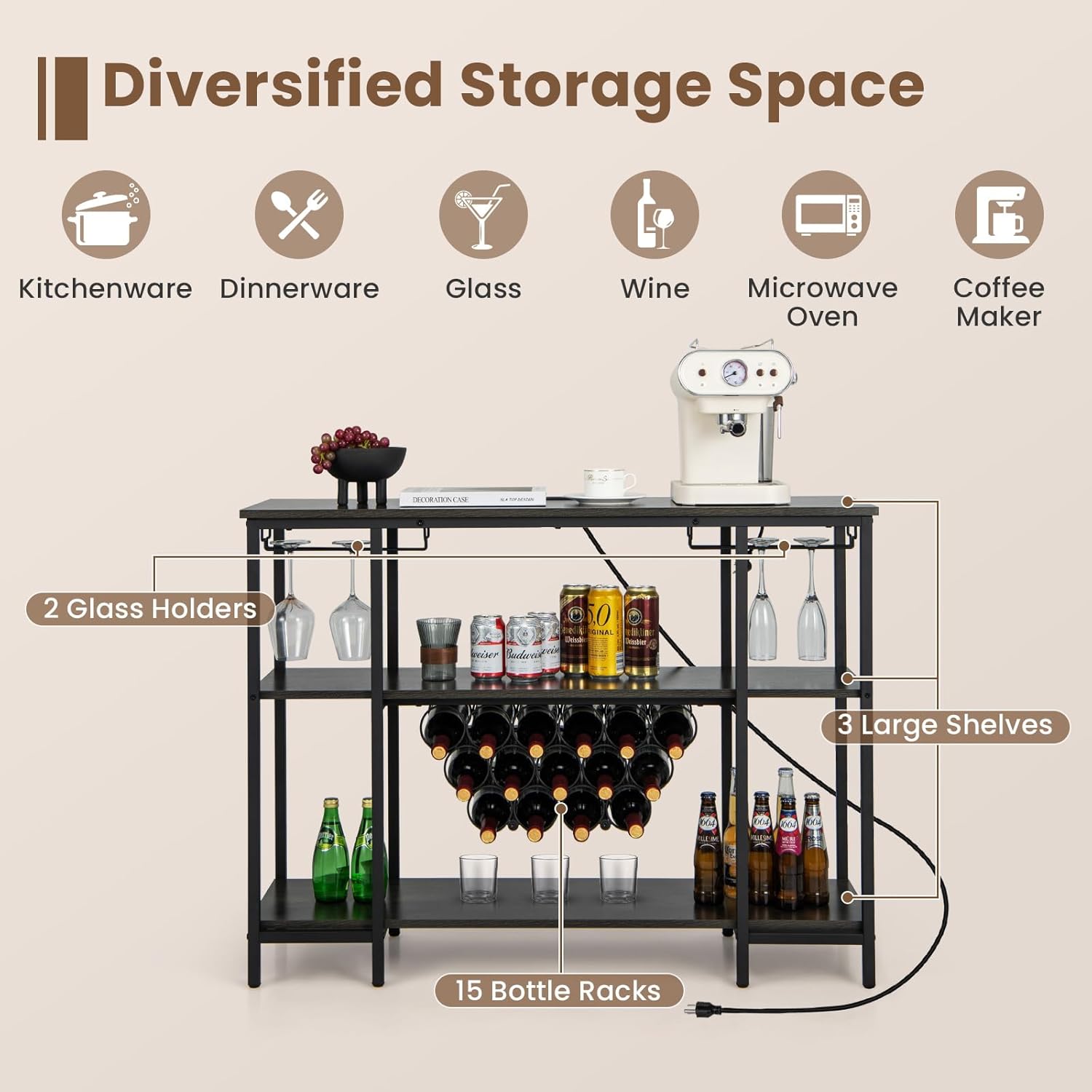 Giantex Wine Rack Freestanding Floor, Bar Cabinet for Liquor, Kitchen Bakers Rack w/ 2 Wine Glass Holders, 15 Bottle Racks, Charging Station, Coffee Bar Table for Home Kitchen Dining Room, Gray