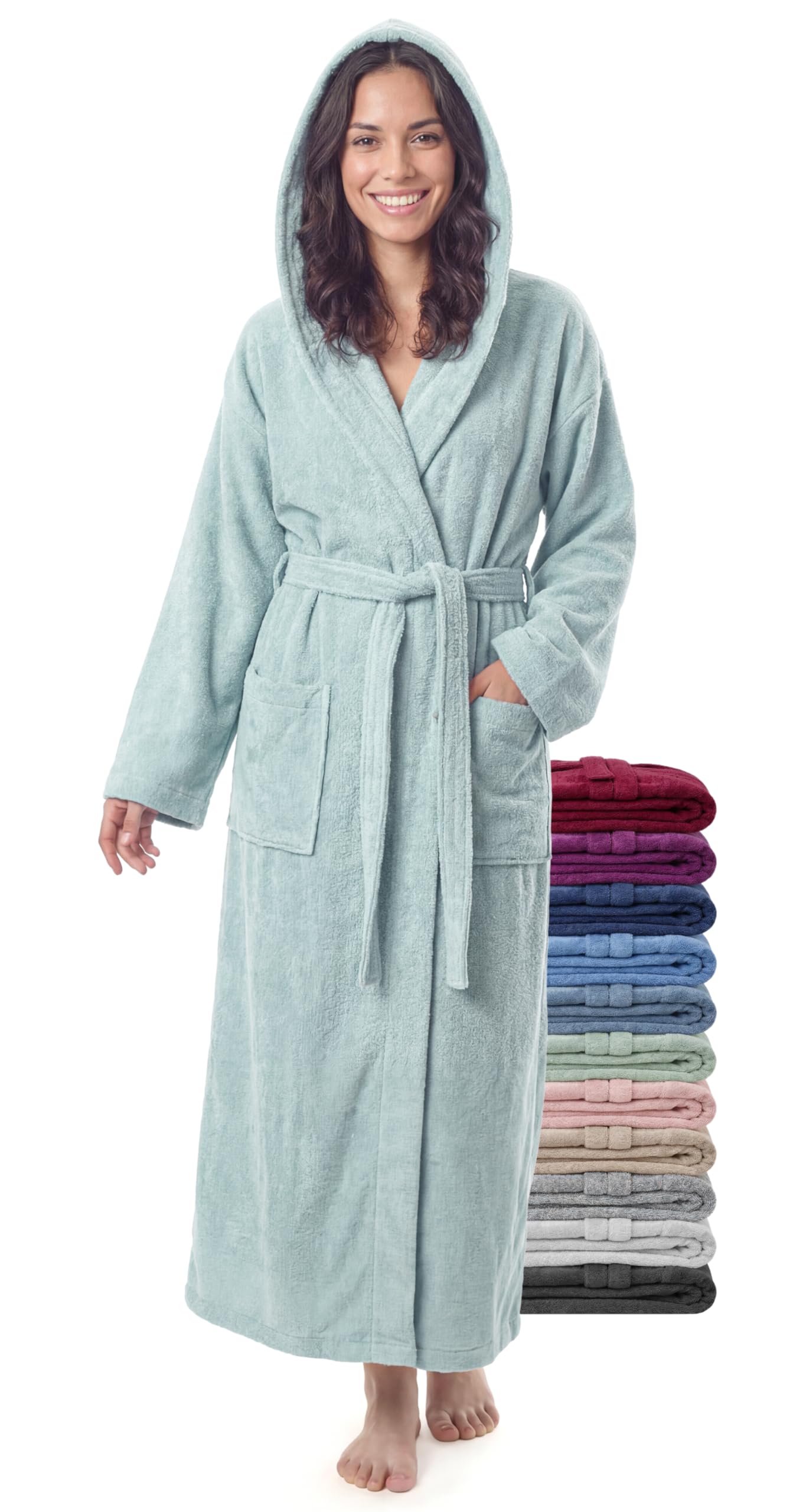 jazzylab Women’s Extra Long Bathrobe with Hood, 100% Cotton Terry 380 gsm, Sea Foam, XXL Long