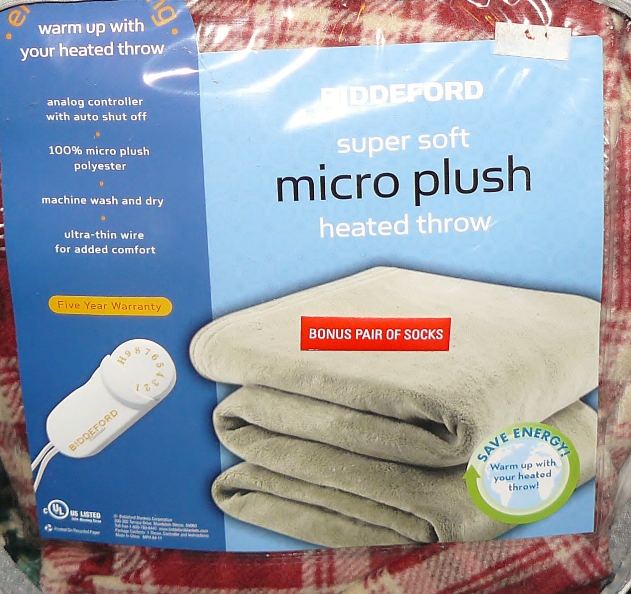 Biddeford Super Soft Micro Plush Heated Throw Red Plaid with Bonus Pair of Socks