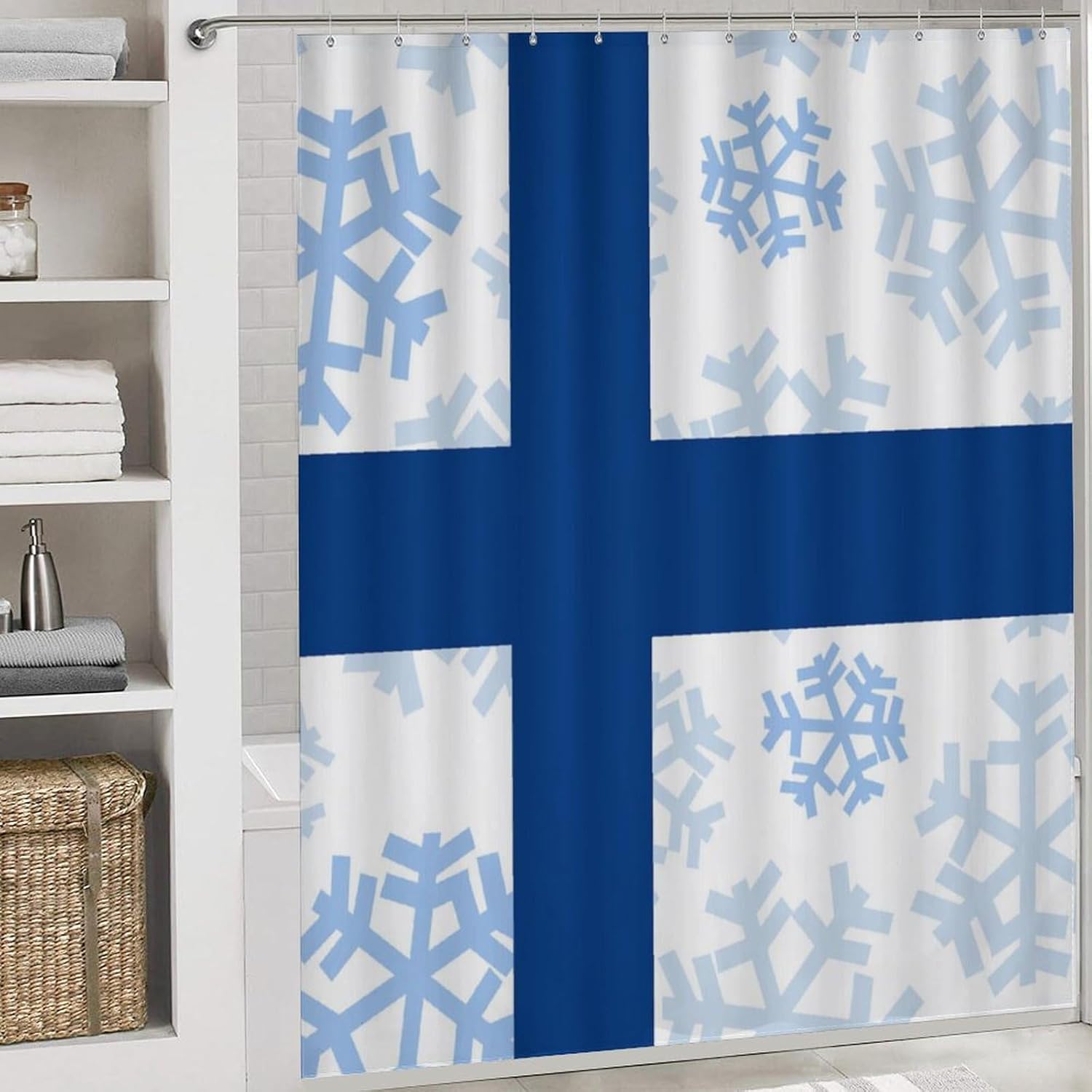 Finland Finnish Flag with Snowflakes Bathroom Sets with Shower Curtain and Rugs 4 Piece with U-Shaped Floor Mat Toilet Lid Cover