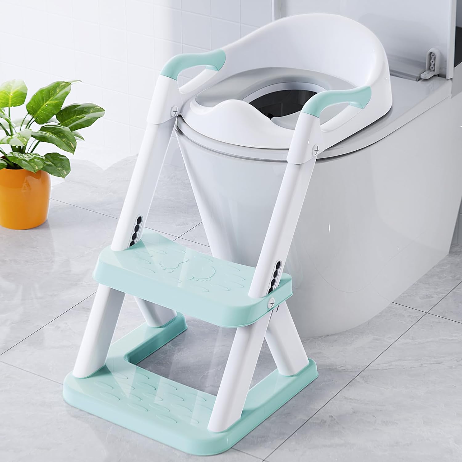SKYROKU 8868 Potty Training Seat with Step Stool - Adjustable Height, Non-Slip, Splash-Proof, Foldable 2-in-1 Toddler Potty Seat with Armrests and Replaceable Cushion - Fits Most Toilets (Blue)