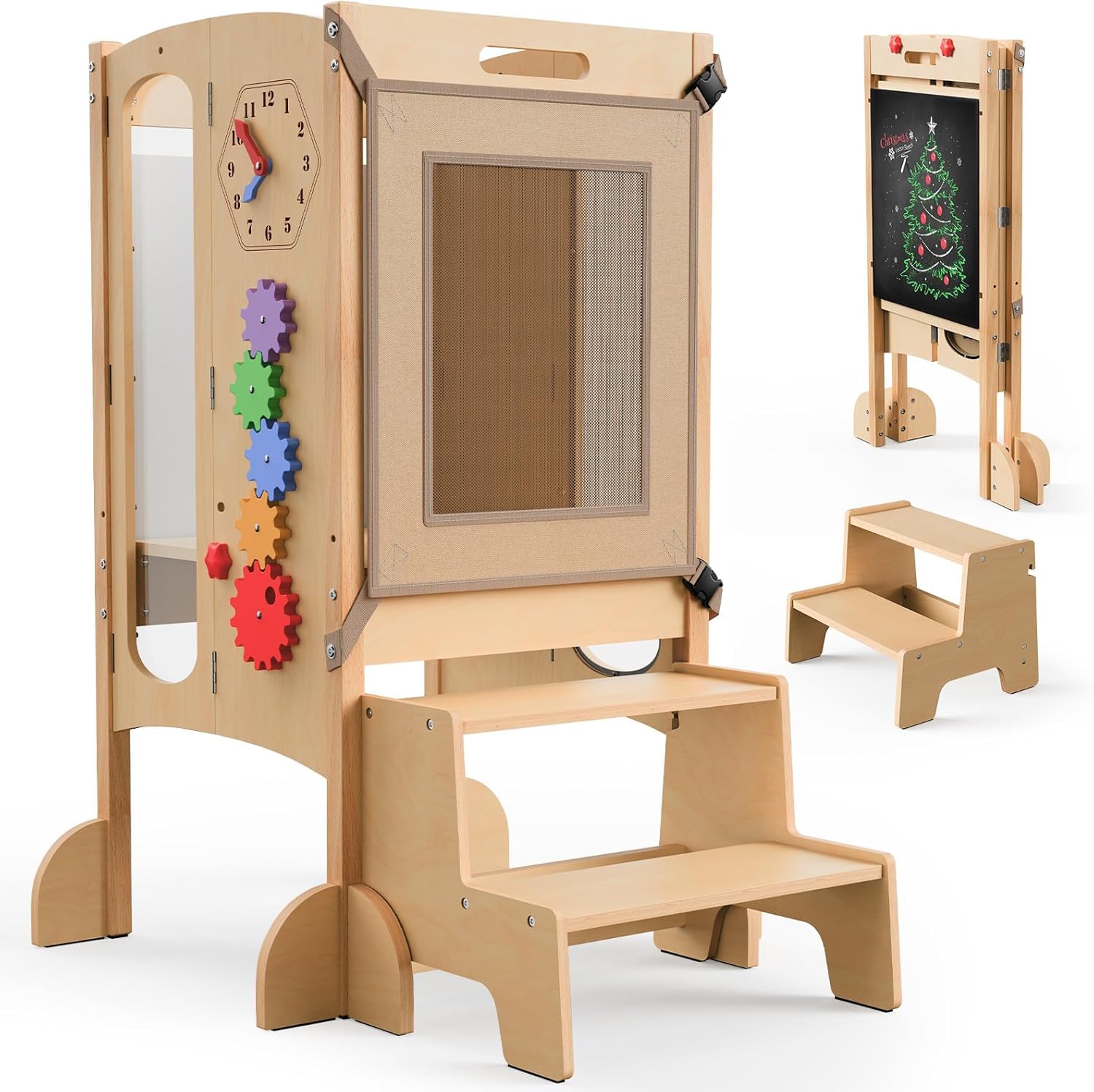 SOFTHOM Klappbar Lernturm, 2 Fach Höhenverstellbar-Montessori Lernturm ab 1 Jahr aus Birke, Vormontiert/Platzsparend, Tafel, Sicherheitsnetz, Kippschutz, Küchenhelfer für Kinder, Tritthocker aus Holz