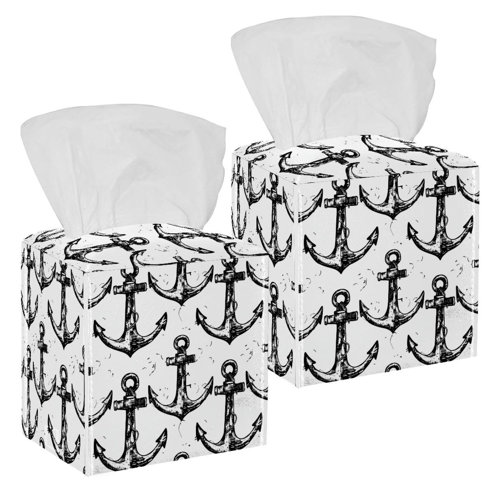 Anchor Pattern Tissue Box Cover, 2 Pack PU Leather Square Facial Tissue Dispenser Box holder for Home Office Car