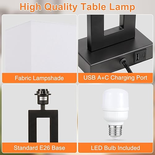 Miniatura 5 de Lámparas modernas de 22 pulgadas de alto para sala de estar, lámparas táctiles para mesa de luz con USB C + A, regulables con 3 niveles, para mesas