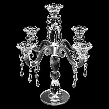 5-Arm Crystal Candelabra with Pendant, Elegant 14 Tall Crystal Glass Candle Holder with Stable Base, Romantic Table Centerpiece Candelabra for Wedding, Dining Table, Home Decor