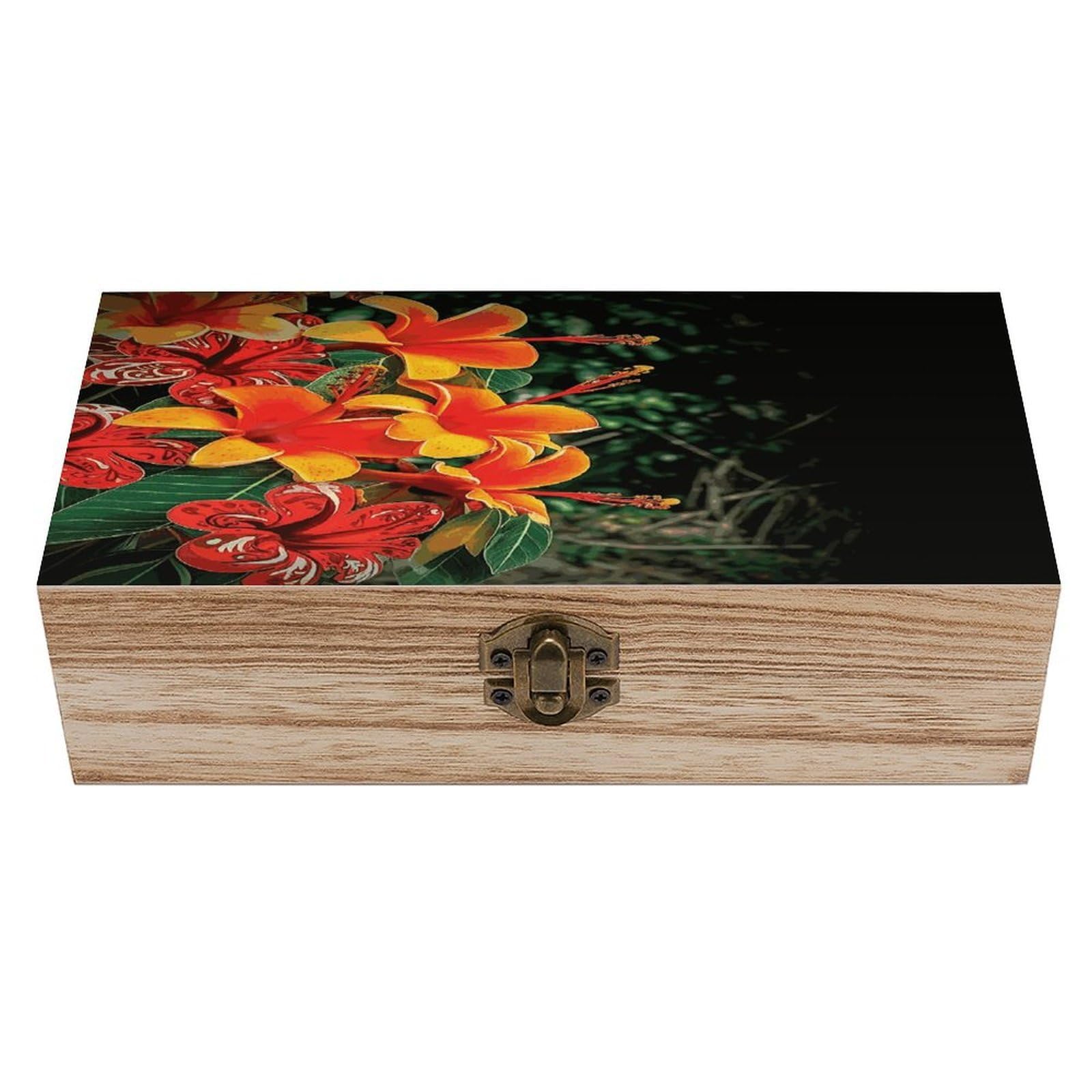 Btcowzrv Style Hawaii Flowers Wooden Storage Box, Keepsake Box With Hinged And Retro Lock, Wood Jewelry Organizer For Photos & Mementos And Home Decor