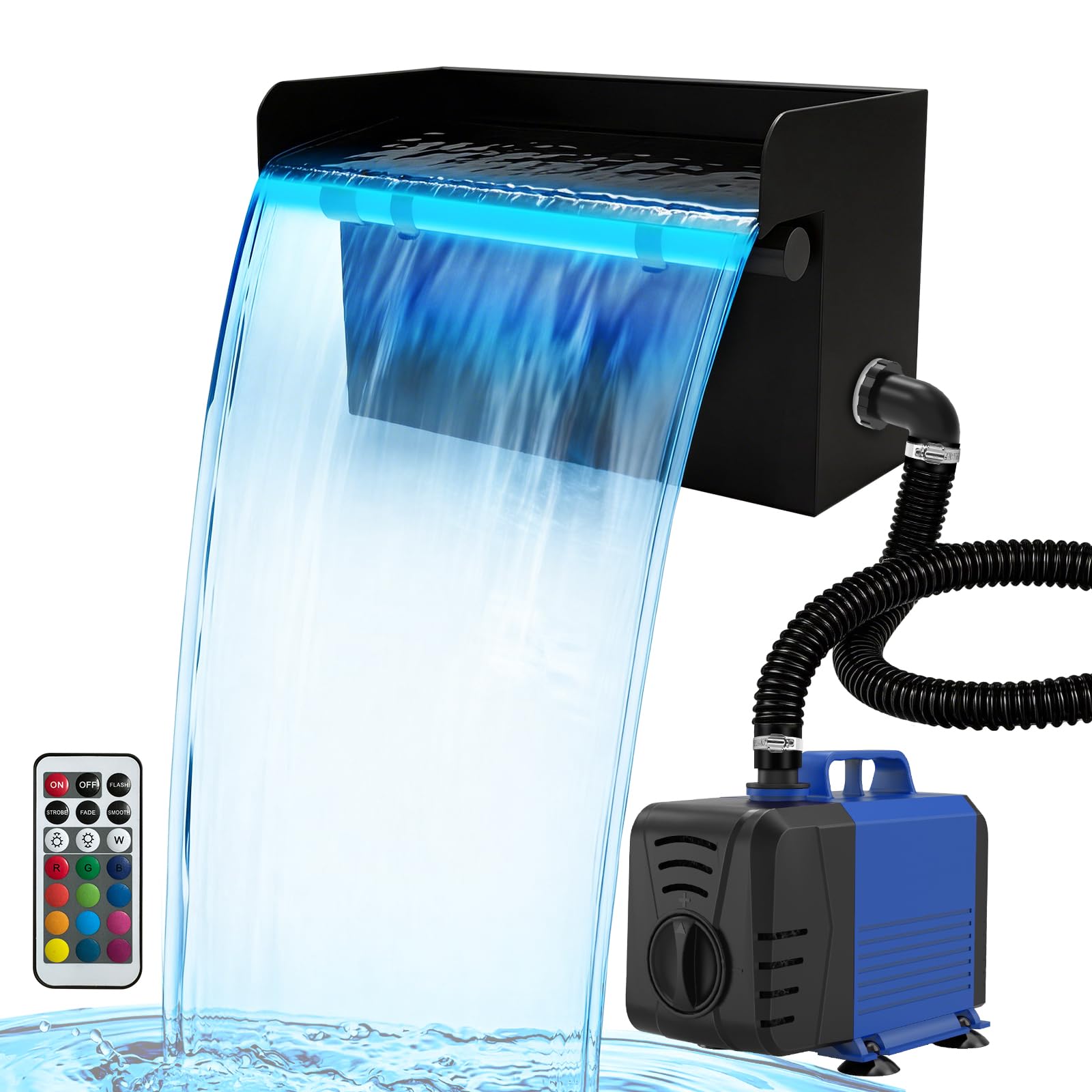 Photo 1 of Devopet Pond Waterfall Spillway Kit, 8 inch Stainless Steel Spillway with Remote Control LED Lights, 660GPH Submersible Water Pump, Outdoor Waterfall Fountain for Water Feature, Garden, Backyard, Pool