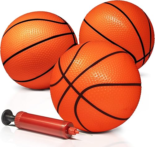 Novelty Place Mini pelotas de baloncesto con bomba (paquete de 3) – Baloncesto inflable de PVC de 5 pulgadas para niños y niñas, para jugar en