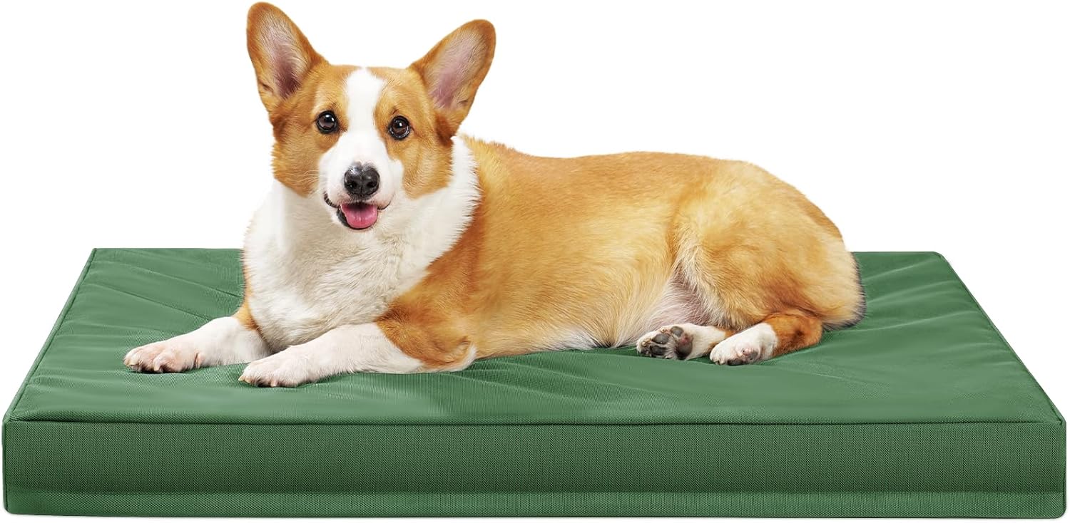 Indestructible Dog Beds for Large Dogs, Orthopedic Memory Foam Pet Bed with Oxford Fabric, Waterproof Outdoor Dog Bed for Kennel with Washable Cover and Non-Slip Bottom, 36''x27'', Green