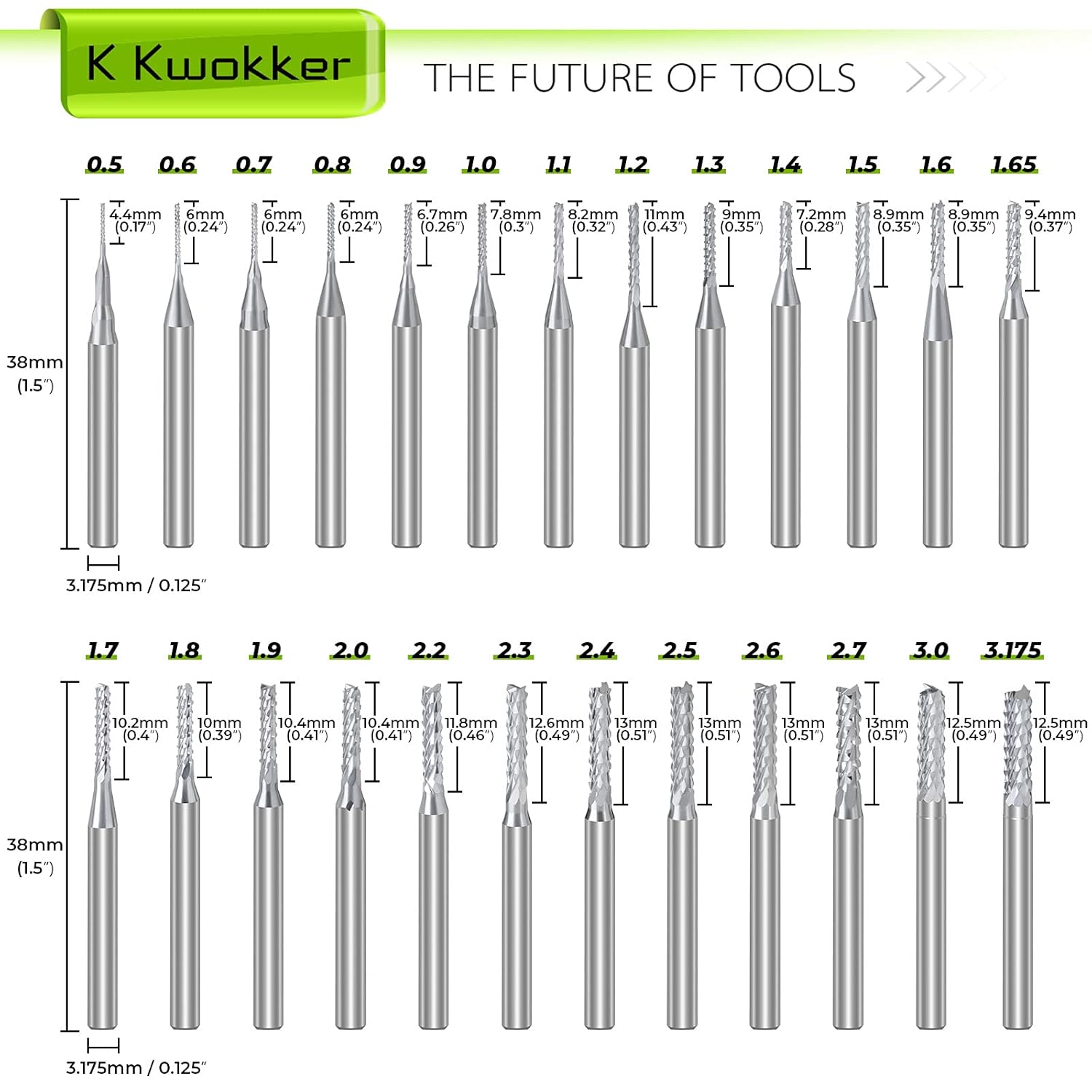 🔥 K Kwokker End Mills CNC Router Bits for Wood PCB, 1/8 Shank, 0.5mm to 3.175mm Metric Milling Bits, Carbide Tungsten Steel CNC Bits, 25Pcs Totally, 38mm Long, Multi-Size and Luxurious Match Bеѕt Cуbеr Dеаlѕ 🔥 K Kwokker End Mills CNC Router Bits for Wood PCB, 1/8 Shank, 0.5mm to 3.175mm Metric Milling Bits, Carbide Tungsten Steel CNC Bits, 25Pcs Totally, 38mm Long, Multi-Size and Luxurious Match