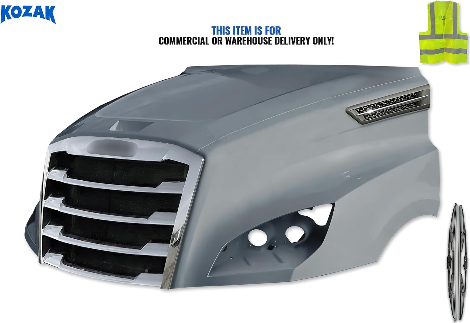 KOZAK Fiberglass Hood Shell With Chrome Front Grille and Side Hood Vent Black with Chrome Stripe Compatible with Freightliner Cascadia 2018+ PLUS Logo, 2X 22 Windshield Wipers, and Vest