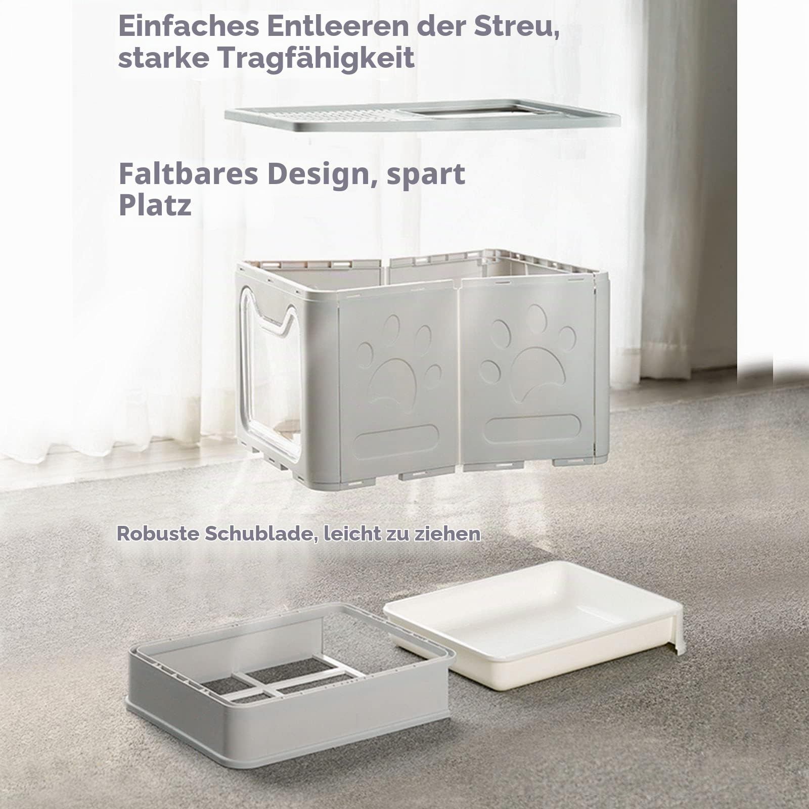 Katzentoilette|Faltbar Katzenklo mit Deckel|Inklusive Scoop-Massage-Kamm-Bürste-Haustier-Silikon-Shampoo-Bürste|Feder-Teaser-Katzenspielzeug-Große Kapazität,Leicht zu Reinigen（51X41X38CM）