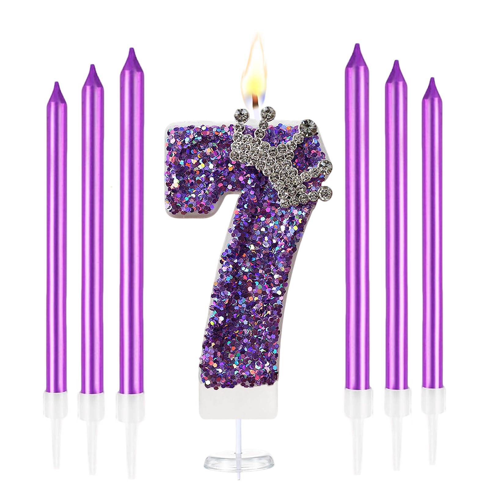 K Pop Number Birthday Candles, Glitter Crown Birthday Candles with 6 Pcs Long Candles, Stylish Kpop Music Themed Cake Topper for Girls Birthday Party Supplies (7 Candle, Holo Purple)