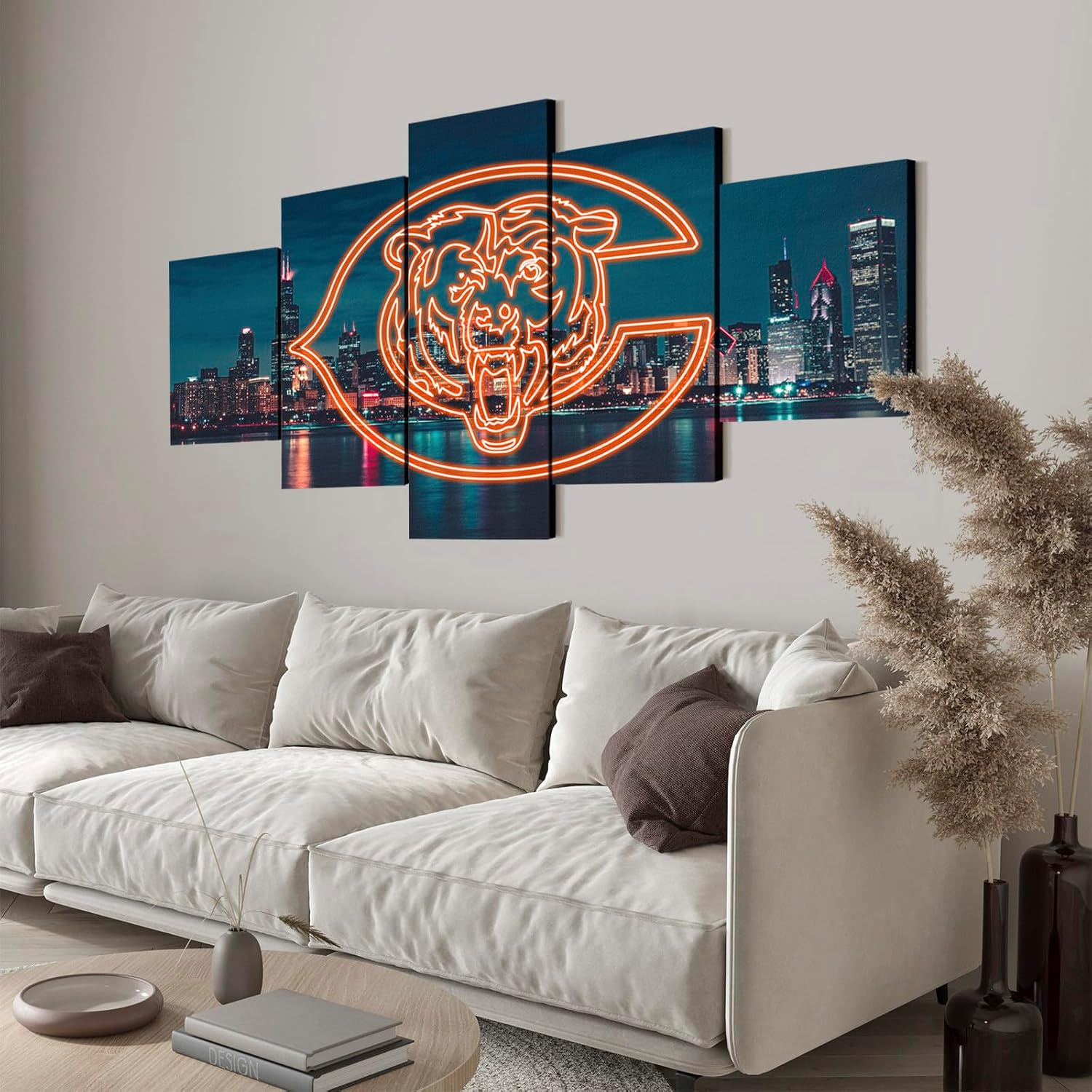 (60X100CM/5PCS) Frame Canvas Print Poster - Chicago City night scene With American football Neon Bears badge - Original City Landscape Wall Art for Home and Office Decor