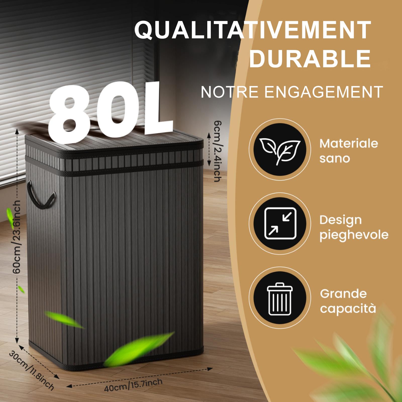 Mihoho Grande poubelle de 80 litres avec couvercle, corbeille/panier à déchets en bambou, poubelle d'extérieur pour la maison, le bureau, la salle de bain, la cuisine 40X30X60 CM (noir)